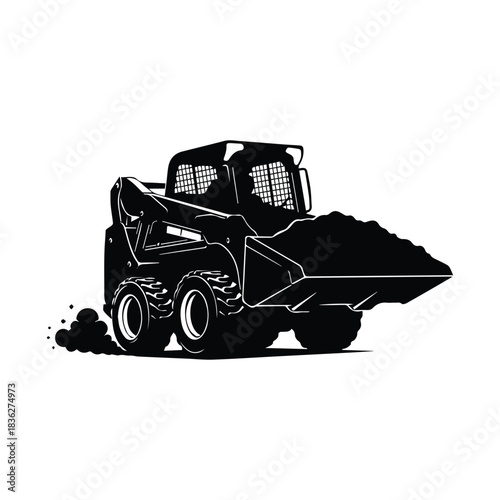 Compact skid steer loader working with dirt and debris silhouette