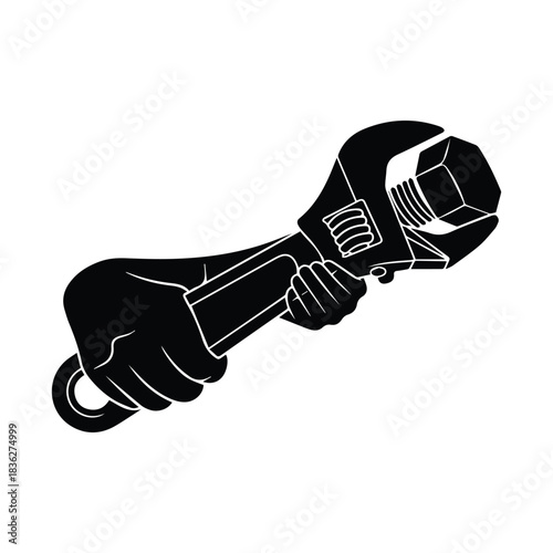 Hand holding adjustable wrench tool silhouette for repair and construction
