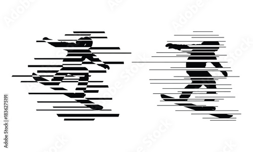 Abstract snowboarder silhouettes with speed lines, dynamic sport graphic