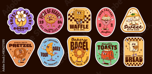 Groovy label stickers with bakery characters. Vector set of playful baked goods, nostalgic and fun cookies, waffles, cupcakes, bread and toaster, each with cheerful expressions and retro typography
