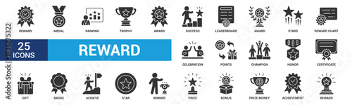 Reward icon set. Containing award, prize, medal, gift, trophy, badge, points, achievement, certificate and more. Glyph vector icons collection.