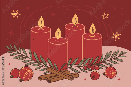 Holiday decoration for Fourth Advent, glowing four candles with Christmas bauble, peaceful festive scene for Christmas design use.