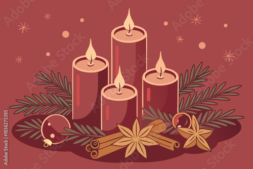 Fourth Advent illustration with all four candles burning, Christmas bauble, warm light and festive decoration for seasonal projects.