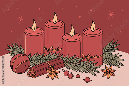 Vector Fourth Advent composition with four burning candles, Christmas bauble, warm holiday mood perfect for greeting cards and posters.