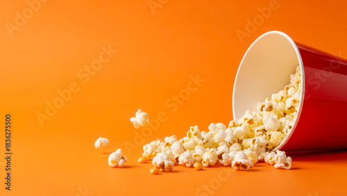 Red bucket tipped over spilling delicious popcorn kernels onto a vibrant orange background with copy space