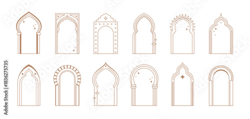 Arabian boho frames, Islamic, Arabic and Moroccan gate doors and window shapes. Ramadan Muslim vector set of linear mosque interior elements. Arab arcs portals with stars and crescents for Eid Mubarak