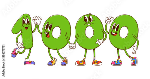 Cartoon groovy math numbers characters for school education personages, vector funny thousand. Groovy number 1 One with 0 Zero numerals with silly faces for kids school mathematics or algebra