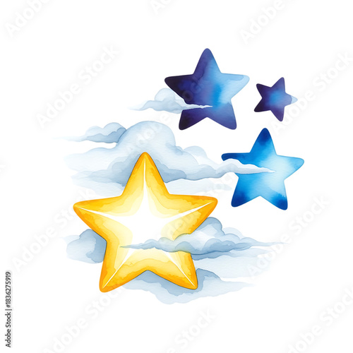 Watercolor illustration of golden and blue stars with soft white clouds graphic