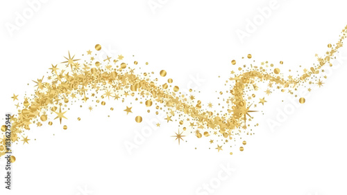 Sparkling Gold Glitter Swirl with Stars and Bubbles on a White Background