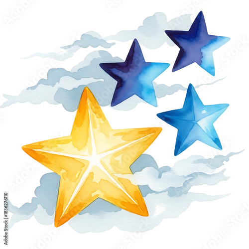 Watercolor golden and blue stars with soft clouds, celestial dreamy illustration