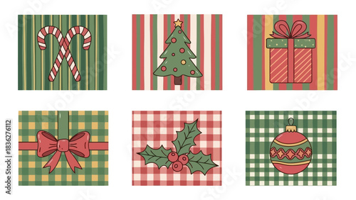 A delightful collection of hand-drawn Christmas festive icons, showcasing traditional holiday decorations like candy canes, a gift box, and holly, perfect for joyful seasonal designs