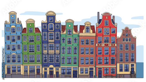 A beautifully detailed illustration of a row of classic, colorful gabled houses, capturing the historic architectural charm of a Dutch city