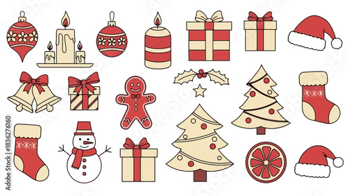 A charming vector collection of traditional Christmas and holiday season elements, featuring festive decorations, gifts, and seasonal characters for graphic design projects