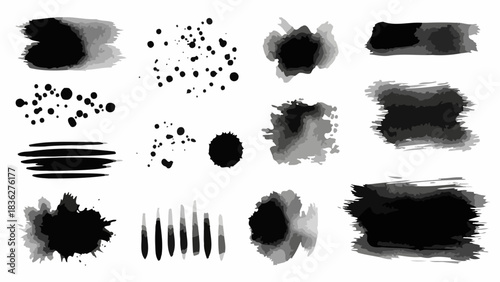 Diverse Black Watercolor Brush Strokes and Splatters Collection for Artistic Designs