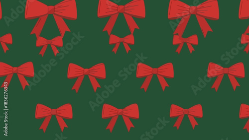 Vibrant seamless pattern of classic red gift bows adorning a rich dark green background, perfect for holiday season designs, festive wrapping paper, or elegant textile projects