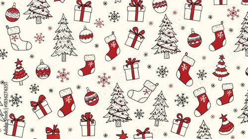 Festive holiday seamless pattern with Christmas trees, gift boxes, and stockings, perfect for seasonal decorations and wrapping paper