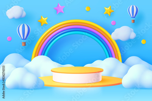 3d kids podium with sky clouds and rainbow, floating hot air balloons and twinkle stars. Cartoon vector background in cute childish toy style with round stage or pedestal under blue cloudy sky