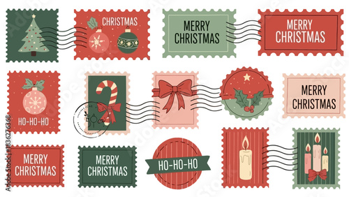 Set of festive Christmas postage stamps featuring holiday-themed illustrations and greetings