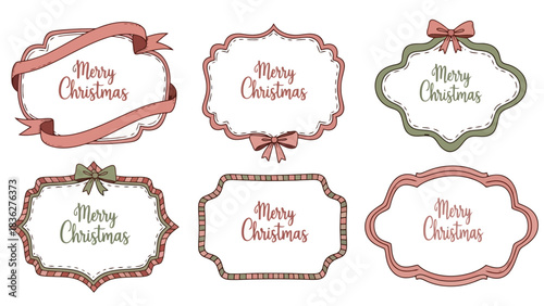 A festive collection of hand-drawn vintage Christmas labels and ornate frames, featuring decorative ribbons and holiday greetings