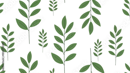 Charming natural seamless pattern adorned with various green leaves and delicate branches, offering a fresh, organic backdrop for creative projects and digital art