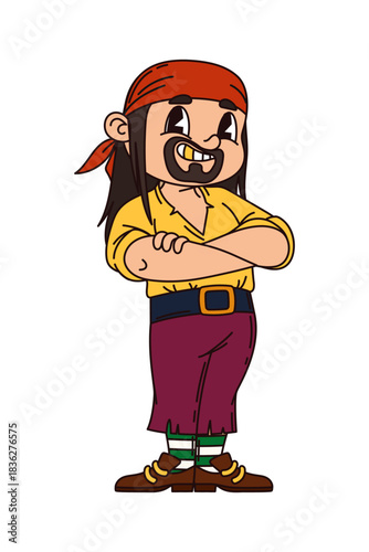 Cheerful corsair pirate cartoon adorable character. Corsair tough fighter character, pirate gunner cute vector personage. Filibuster sailor happy mascot with golden tooth, standing with crossed hands