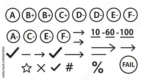 A collection of academic grading icons, including letter grades, checkmarks, and symbols representing success and failure in school exams