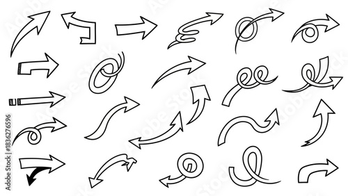 Collection of hand-drawn arrow icons in various styles and directions, perfect for design and navigation elements