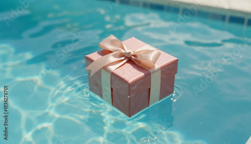 Gift box floating in swimming pool water on sunny day  