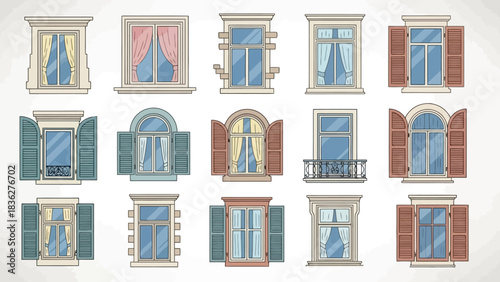 Vector set of diverse windows showcasing architectural styles. Includes classic shutters, elegant curtains, and charming balconies for home design and building facade illustrations