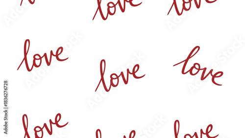 Seamless pattern featuring the word 'love' in charming red handwritten script, creating an expressive and warm background design for romantic themes and heartfelt messages
