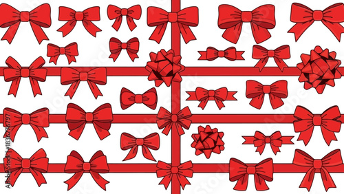 Diverse set of red decorative bows and elegant ribbons, perfect for gift wrapping, holiday celebrations, and festive embellishments, adding a vibrant and classic touch