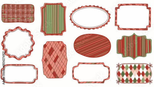 A festive collection of twelve decorative frames and labels with traditional Christmas patterns like plaid, stripes, and argyle in a red and green color palette