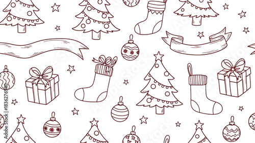 Christmas doodles seamless pattern with trees, gifts, and decorations