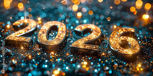 panoramic golden 2026 numbers glowing on blurred bokeh background