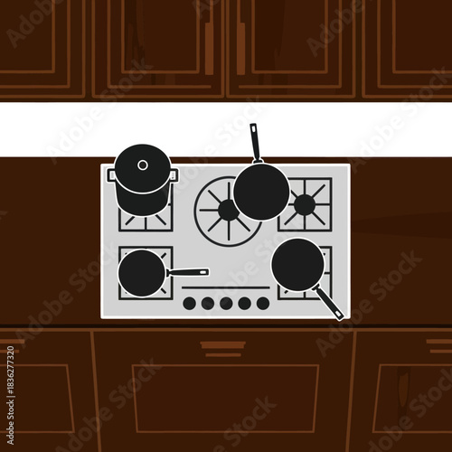 Top down vector illustration of a gas stovetop with pots and pans.