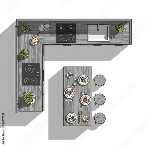 Modern L-Shaped Kitchen and Dining Island Top View Architectural Rendering.