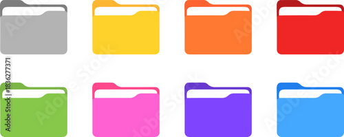 Colorful file folder icons set, clean flat vector storage symbols