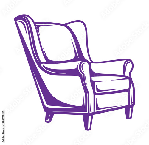 Elegant purple wingback chair vector illustration in minimalist style on a white background