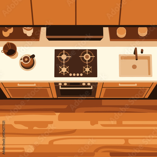 Cozy Kitchen Illustration with Stove, Sink, and Wooden Accents.