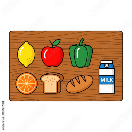 Fresh groceries assortment on wooden cutting board.