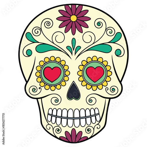 White Sugar Skull with Yellow Sunflower and Green Leaves Clipart