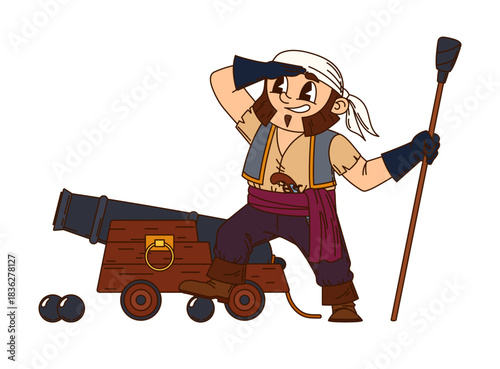 Corsair pirate gunner cartoon cheerful character. Privateer boatswain funny character, pirate fighter happy vector personage. Corsair loading cannonballs, aiming cannon and looking in distance