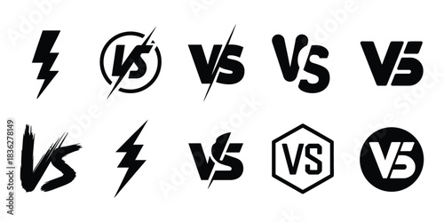 Battle vs icon set. bold VS letters and competition, representing player duels, esports matches, and interactive gaming elements in modern vector style.