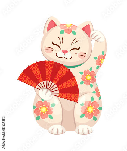 Maneki neko Japanese lucky cat with Chinese fan for luck and fortune symbol, cartoon vector. Maneki neko cat character with Chinese red fan with flowers decoration, happy smile and waving paw for luck