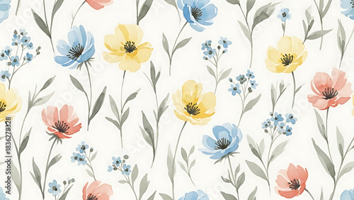 Watercolor seamless pattern with vibrant blue, yellow, and coral flowers