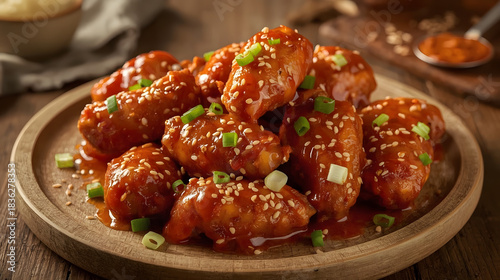 Plate of buffalo chicken wings glazed in sweet chili sauce. Garnished with sesame seeds, chopped spring onions. Crispy meat juicy, sticky, spicy, delicious, savory. Perfect for dinner, party snack