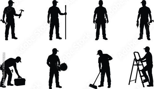 Handyman and Construction Worker Silhouettes with Tools, Repairman, Builder, Laborer, Tradesman, Service, Home Improvement, Vector