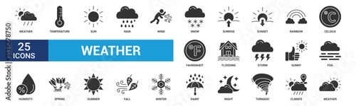 Weather icon set. Containing temperature, sun, rain, snow, cloud, humidity, summer, winter, spring, cloudy and rainy season. Climate symbol. Glyph icon collection.
