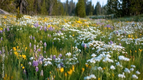 A vibrant meadow filled with a variety of wildflowers, including white and yellow blooms, under a clear blue sky with scattered clouds.
