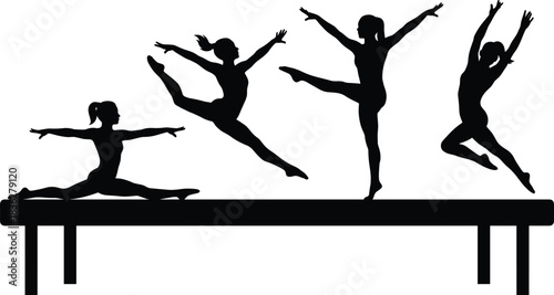Graceful Female Gymnasts Silhouettes Performing Balance Beam Routine, Artistic Gymnastics, Sport, Skill, Strength, Agility, Vector Illustration